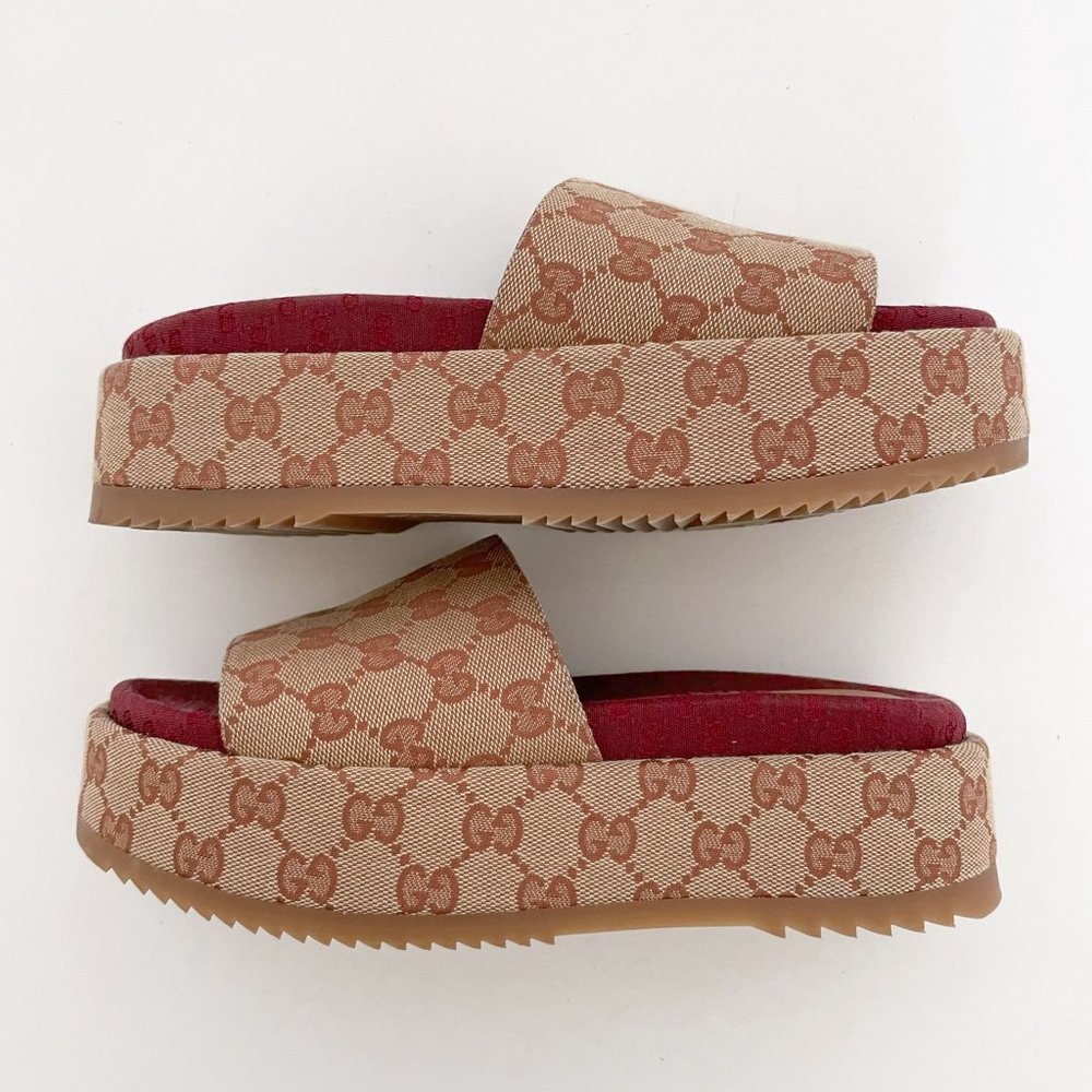Gucci Angelina GG Platform Slides EU 38 US Women's 8 Tan Sandal Original Logo - Picture 7 of 12